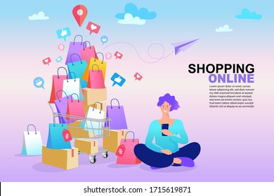 Shopping online concept. Colorful paper shopping bags in shopping trolley on bright background. Man use cellphone and holding shopping bags. Vector