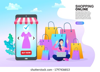 Comprar concepto en línea. Coloridas bolsas de compras de papel en carrito de compras con fondo brillante. Página web, diseño de aplicaciones. ilustración vectorial plana.