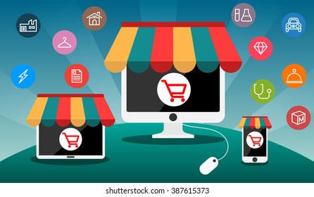 Shopping online concept with common icons.