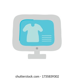 Online-Shopping-Konzept, Computer mit Kleidungsweb-Seite auf dem Bildschirm über weißem Hintergrund, flache Stil, Vektor-Illustration