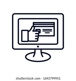 shopping online concept, computer with hand holding a credit card on screen icon over white background, line style concept, vector illustration