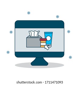 shopping online concept, computer with medicines bottles on screen over white background, colorful design, vector illustration