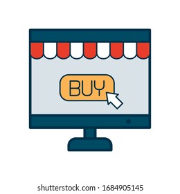 concepto de compra en línea, ordenador con página de compra web icono en pantalla sobre fondo blanco, estilo de línea y relleno, ilustración vectorial