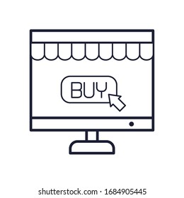 shopping online concept, computer with shopping page web on screen icon over white background, line style, vector illustration