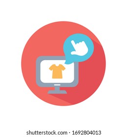 concepto de compra en línea, ordenador con camiseta y cursor sobre fondo blanco, concepto de estilo de bloque, ilustración vectorial