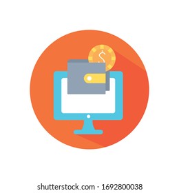 shopping online concept, computer with wallet with money over white background, block style concept, vector illustration