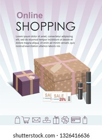 Shopping online concept with craft wrapped gift boxes, Cosmetics and   discount coupon. Vector Infographic