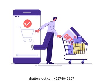 Shopping online concept with customers buying and making payments with smartphone, e-commerce advertising illustration