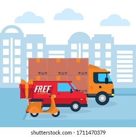 shopping online concept, delivery truck, van and motorcycle over blue background, colorful design, vector illustration