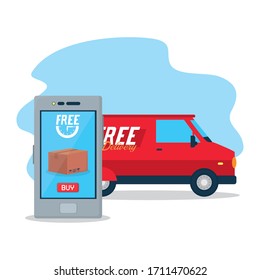 shopping online concept, delivery van and smartphone with box on screen over white background, colorful design, vector illustration