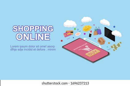 Concepto de compra en línea para diseño plano, comercio en línea para página web, sitio web, plantilla y fondo, ilustración vectorial sobre compras en línea