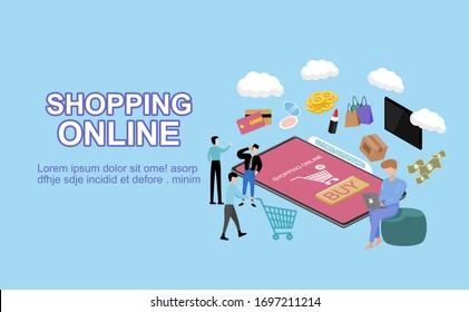 Concepto de compra en línea para diseño plano, comercio en línea para página web, sitio web, plantilla y fondo, ilustración vectorial sobre compras en línea