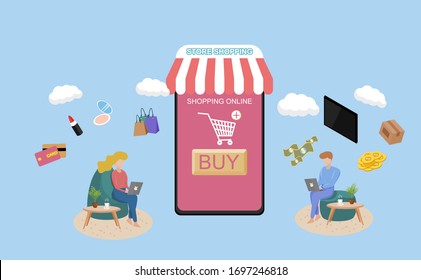 Shopping online concept for flat design, online trading for web page, website, template and background, vector illustration about shopping online