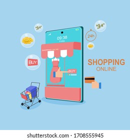 Shopping online concept for flat design, online trading for web page, website, template and background, vector illustration about shopping online