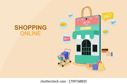 Concepto de compra en línea para diseño plano, comercio en línea para página web, sitio web, plantilla y fondo, ilustración vectorial sobre compras en línea