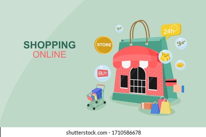 Shopping online concept for flat design, online trading for web page, website, template and background, vector illustration about shopping online
