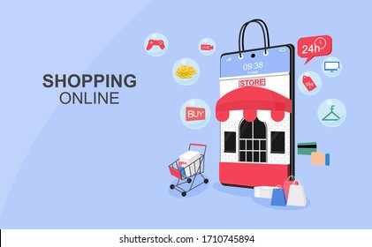 Shopping online concept for flat design, online trading for web page, website, template and background, vector illustration about shopping online