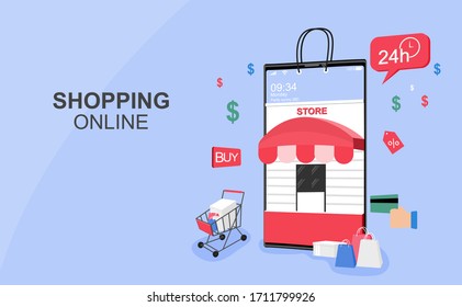 Shopping online concept for flat design, online trading for web page, website, template and background, vector illustration about shopping online