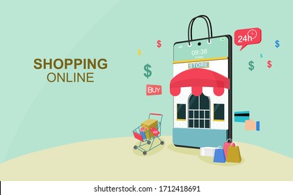 Shopping online concept for flat design, online trading for web page, website, template and background, vector illustration about shopping online
