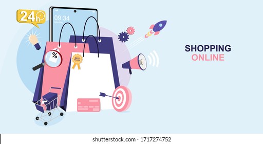 Online-Shopping-Konzept für flaches Design, Online-Handel für Webseiten, Website, Vorlage und Hintergrund, Vektorillustration-Illustration zum Online-Shopping