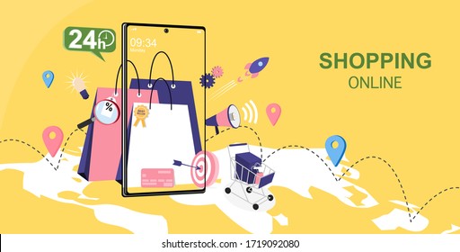 Concepto de compra en línea para diseño plano, comercio en línea para página web, sitio web, plantilla y fondo, ilustración vectorial sobre compras en línea