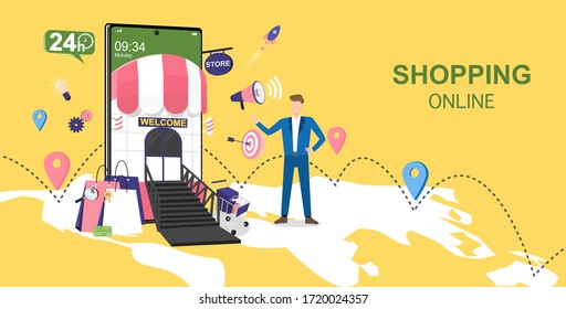Concepto de compra en línea para diseño plano, comercio en línea para página web, sitio web, plantilla y fondo, ilustración vectorial sobre compras en línea