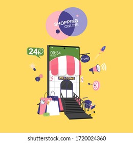 Shopping online concept for flat design, online trading for web page, website, template and background, vector illustration about shopping online