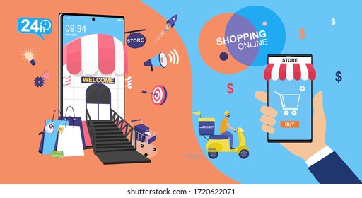 Shopping online concept for flat design, online trading for web page, website, template and background, vector illustration about shopping online
