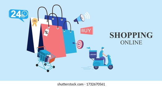 Concepto de compras en línea para diseño plano, comercio en línea para página web, sitio web, plantilla y fondo, ilustración vectorial sobre compras en línea