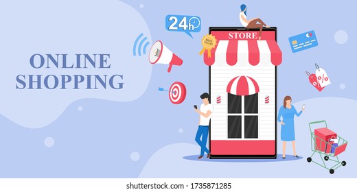 Concepto de compras en línea para diseño plano, comercio en línea para página web, sitio web, plantilla y fondo, ilustración vectorial sobre compras en línea