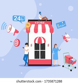 Shopping online concept for flat design, online trading for web page, website, template and background, vector illustration about shopping online