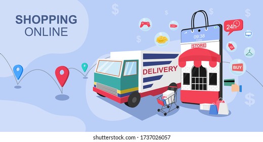 Shopping online concept for flat design, online trading for web page, website, template and background, vector illustration about shopping online