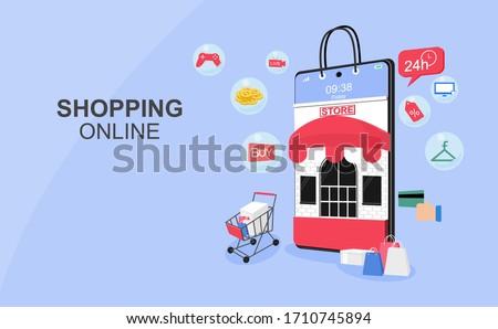 Shopping online concept for flat design, online trading for web page, website, template and background, vector illustration about shopping online