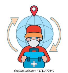 shopping online concept, global sphere and delivery man with mouth mask and first aid kit over white background, colorful design, vector illustration