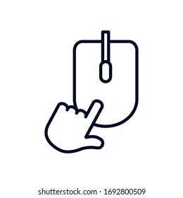 shopping online concept, hand cursor with mouse device icon over white background, line style, vector illustration
