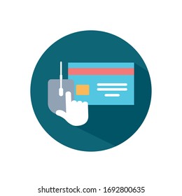 shopping online concept, hand cursor with mouse and credit card icon over white background, block style, vector illustration
