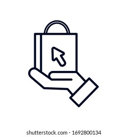 shopping online concept, hand holding a shopping bag with cursor icon over white background, line style, vector illustration