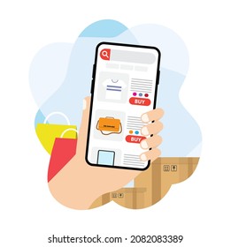 Shopping online concept. Hand holding phone open shop application to order with shopping bags and boxes. Abstract blue background. 
Business concept. Transportation concept. Delivery service. EPS 10