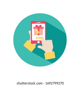 shopping online concept, hands holding a smartphone with gift box on screen icon over white background, block style, vector illustration