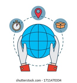 shopping online concept, hands holding a global sphere and delivery icons around over white background, colorful design, vector illustration