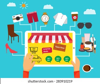 Shopping online concept with hands holding tablet and products sold online icons, illustration, vector 