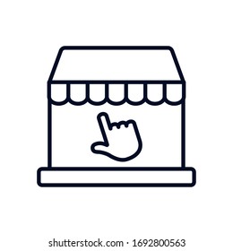 Online-Shopping-Konzept, Laptop-Computer mit Zelt und Zeiger-Symbol auf weißem Hintergrund, Linienstil, Vektorillustration-Illustration