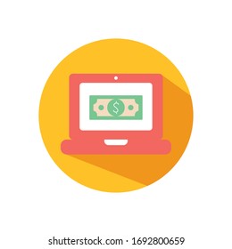 Online-Shopping-Konzept, Laptop-Computer mit Geldwechselsymbol auf weißem Hintergrund, Blockstil-Konzept, Vektorillustration-Illustration