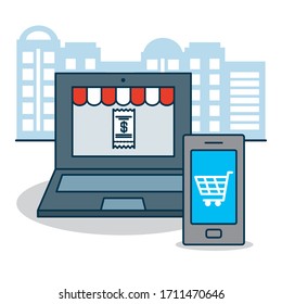 shopping online concept, laptop computer and smartphone with shopping cart icon on screen over white background, colorful design, vector illustration