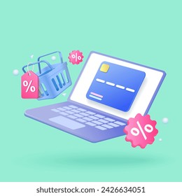 shopping online concept with laptop, credit card and basket shopping , vector