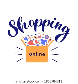 Online-Shopping-Konzept mit Text und Box mit Kleidung auf weißem Hintergrund. Vektorgrafik im Doodle-Stil. Geeignet für Web-Landing-Seite, mobile App, Banner.