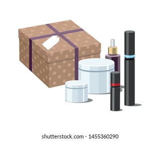 Shopping online concept.  Make Up products and Skincare Packaging with craft wrapped gift box. Vector Illustration