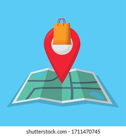 shopping online concept, map with location pin with shopping bag icon over blue background, colorful design, vector illustration