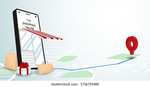 Shopping online concept. Marketing and Digital marketing concept. Shop online delivery on map. Vector. illustration.