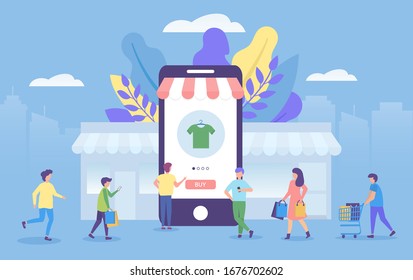 Concepto de compra en línea en la ilustración vectorial de aplicación móvil para marketing y pago a través de Internet. Pequeños hombres y mujeres con bolsas de compras compran en línea en aplicación telefónica.
